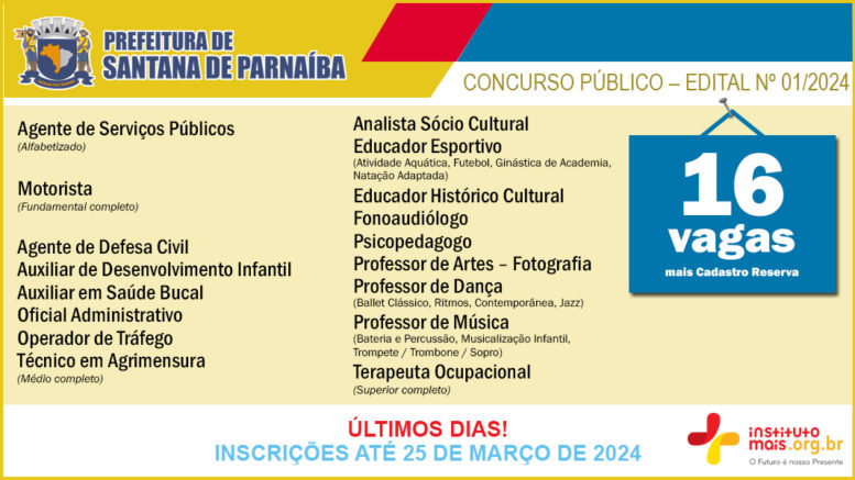 Concurso Público 01/2024 da Prefeitura de Santana de Parnaíba / Realização: Instituto Mais / Imagem: Divulgação