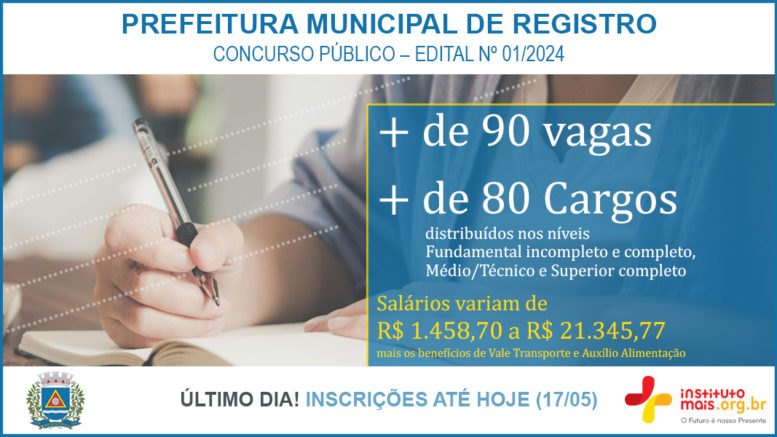 Concurso Público 01/2024 da Prefeitura de Registro / Realização: Instituto Mais / Imagem: Divulgação