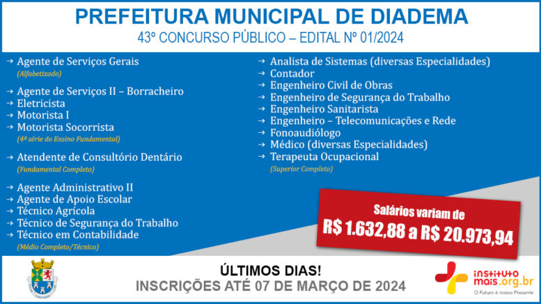 Concurso Público 01/2024 da Prefeitura de Diadema / Realização: Instituto Mais / Imagem: Divulgação