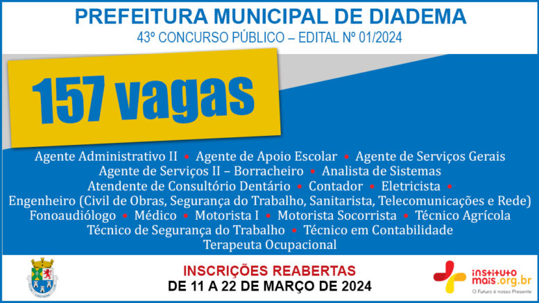 Concurso Público 01/2024 da Prefeitura de Diadema / Realização: Instituto Mais / Imagem: Divulgação