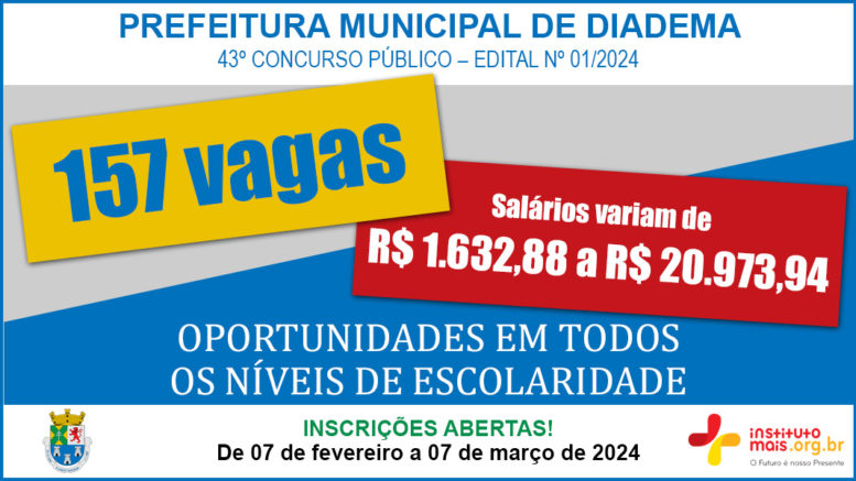 Concurso Público 01/2024 da Prefeitura de Diadema / Realização: Instituto Mais / Imagem: Divulgação