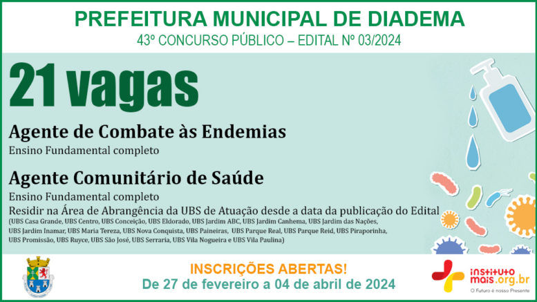 Concurso Público 03/2024 da Prefeitura de Diadema / Realização: Instituto Mais / Imagem: Divulgação