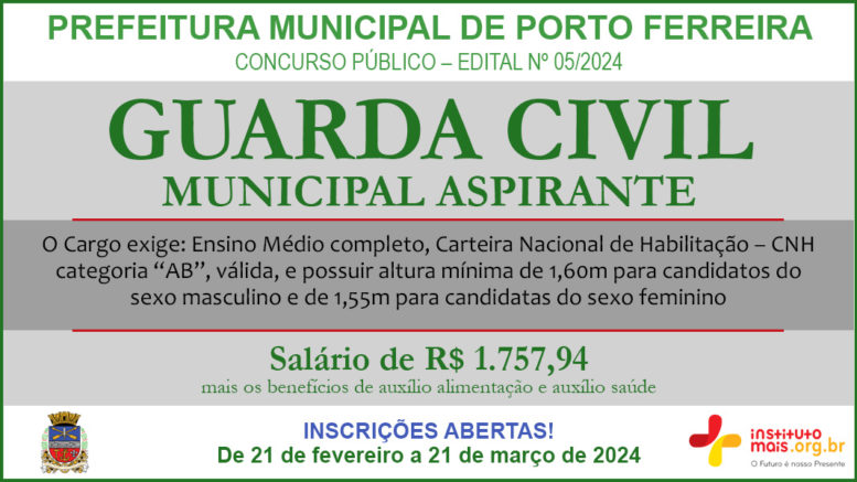 Concurso Público 05/2024 da Prefeitura Municipal de Porto Ferreira / Realização: Instituto Mais / Imagem: Divulgação