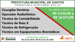 Concurso Público 66/2024 da Secretaria de Finanças e Gestão de Santos / Realização: Instituto Mais / Imagem: Divulgação