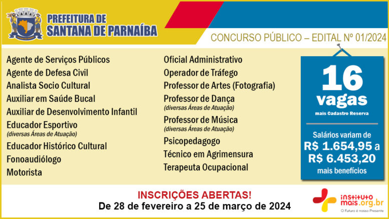 Concurso Público 01/2024 da Prefeitura de Santana de Parnaíba / Realização: Instituto Mais / Imagem: Divulgação