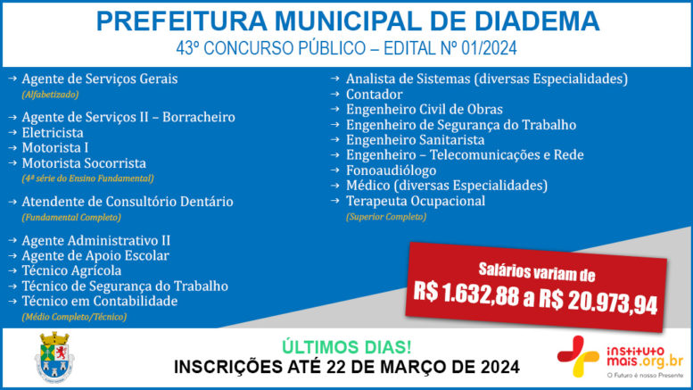 Concurso Público 01/2024 da Prefeitura de Diadema / Realização: Instituto Mais / Imagem: Divulgação