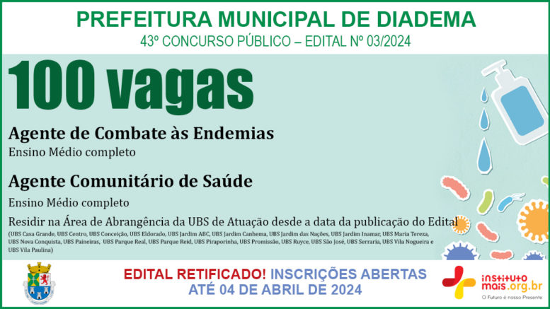 Concurso Público 03/2024 da Prefeitura de Diadema / Realização: Instituto Mais / Imagem: Divulgação