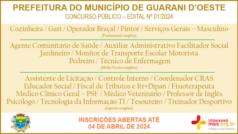 Concurso Público 01/2024 da Prefeitura de Guarani D'Oeste / Realização: Instituto Mais / Imagem: Divulgação