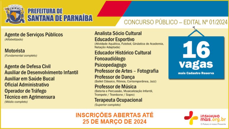 Concurso Público 01/2024 da Prefeitura de Santana de Parnaíba / Realização: Instituto Mais / Imagem: Divulgação