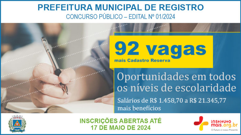 Concurso Público 01/2024 da Prefeitura de Registro / Realização: Instituto Mais / Imagem: Divulgação