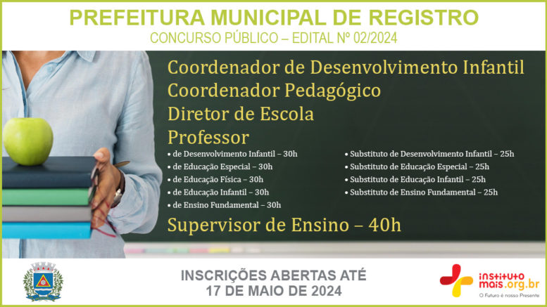 Concurso Público 02/2024 da Prefeitura de Registro / Realização: Instituto Mais / Imagem: Divulgação