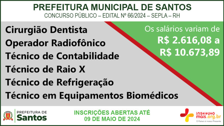 Concurso Público 66/2024 da Secretaria de Finanças e Gestão de Santos / Realização: Instituto Mais / Imagem: Divulgação