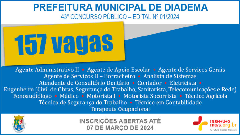 Concurso Público 01/2024 da Prefeitura de Diadema / Realização: Instituto Mais / Imagem: Divulgação