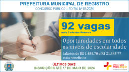 Concurso Público 01/2024 da Prefeitura de Registro / Realização: Instituto Mais / Imagem: Divulgação