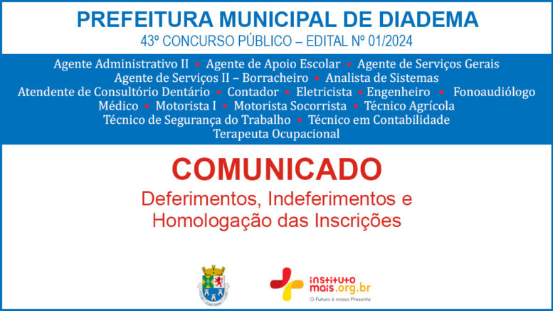 Concurso Público 01/2024 da Prefeitura de Diadema / Realização: Instituto Mais / Imagem: Divulgação