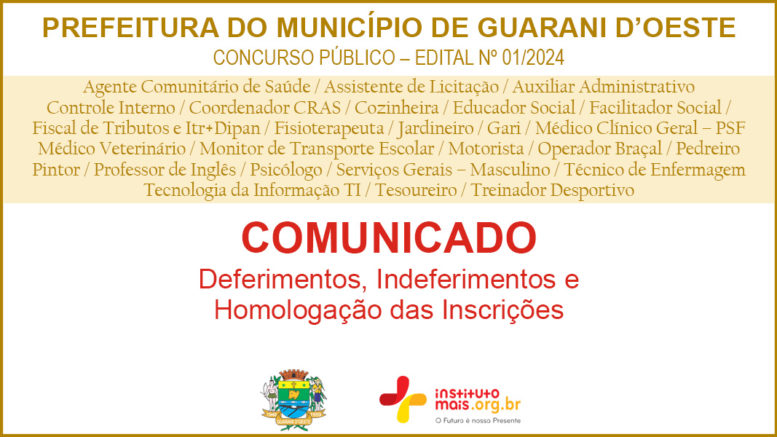 Concurso Público 01/2024 da Prefeitura de Guarani D'Oeste / Realização: Instituto Mais / Imagem: Divulgação