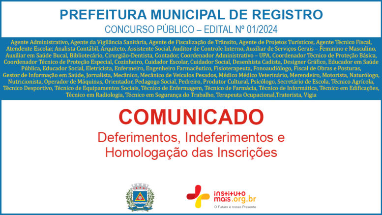 Concurso Público 01/2024 da Prefeitura de Registro / Realização: Instituto Mais / Imagem: Divulgação