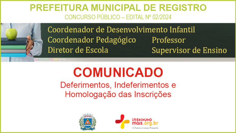 Concurso Público 02/2024 da Prefeitura de Registro / Realização: Instituto Mais / Imagem: Divulgação