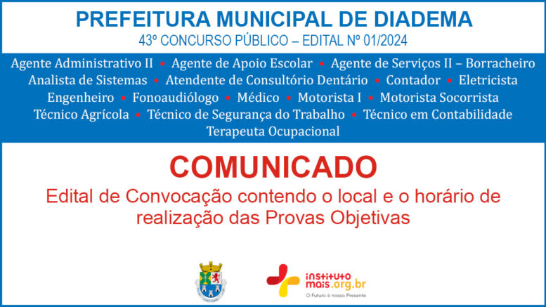 Concurso Público 01/2024 da Prefeitura de Diadema / Realização: Instituto Mais / Imagem: Divulgação