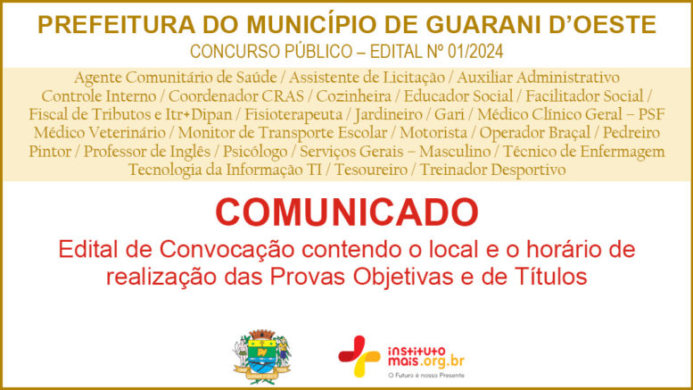 Concurso Público 01/2024 da Prefeitura de Guarani D'Oeste / Realização: Instituto Mais / Imagem: Divulgação