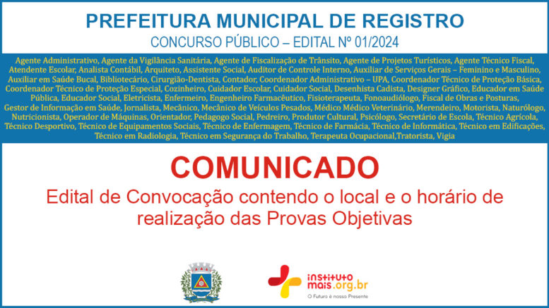 Concurso Público 01/2024 da Prefeitura de Registro / Realização: Instituto Mais / Imagem: Divulgação