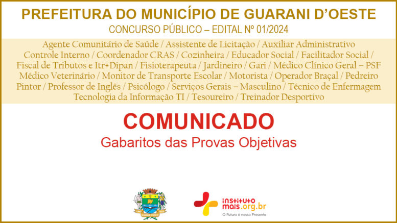 Concurso Público 01/2024 da Prefeitura de Guarani D'Oeste / Realização: Instituto Mais / Imagem: Divulgação