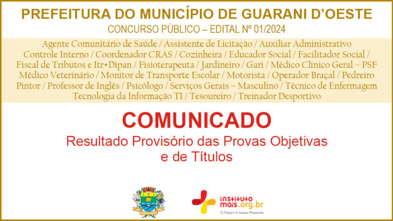 Concurso Público 01/2024 da Prefeitura de Guarani D'Oeste / Realização: Instituto Mais / Imagem: Divulgação