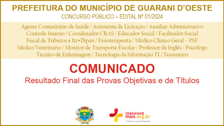 Concurso Público 01/2024 da Prefeitura de Guarani D'Oeste / Realização: Instituto Mais / Imagem: Divulgação