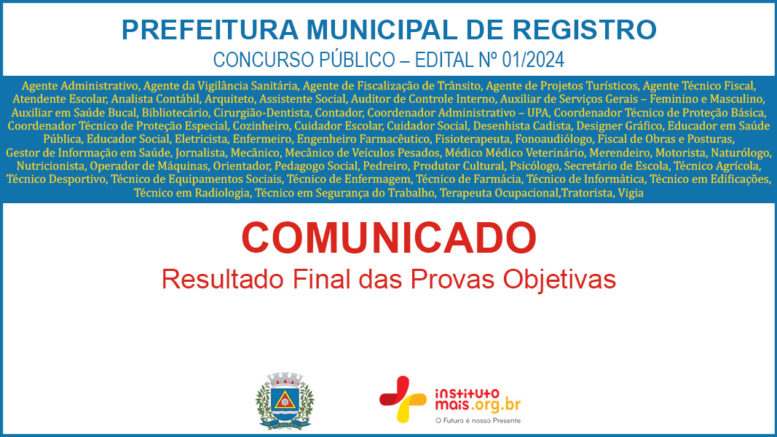 Concurso Público 01/2024 da Prefeitura de Registro / Realização: Instituto Mais / Imagem: Divulgação