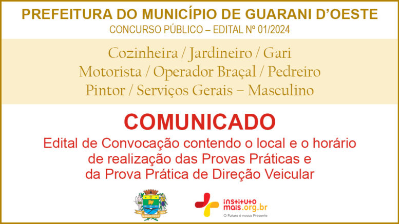 Concurso Público 01/2024 da Prefeitura de Guarani D'Oeste / Realização: Instituto Mais / Imagem: Divulgação