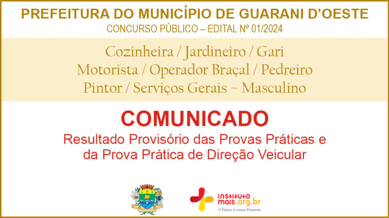 Concurso Público 01/2024 da Prefeitura de Guarani D'Oeste / Realização: Instituto Mais / Imagem: Divulgação