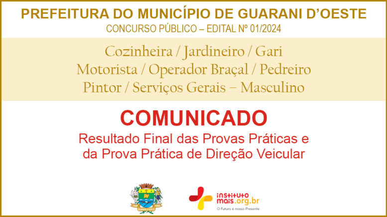 Concurso Público 01/2024 da Prefeitura de Guarani D'Oeste / Realização: Instituto Mais / Imagem: Divulgação