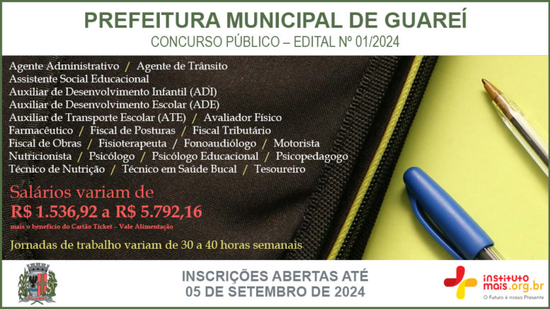 Concurso Público 01/2024 da Prefeitura de Guareí / Realização: Instituto Mais / Imagem: Divulgação