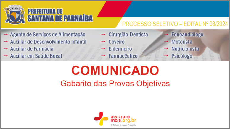 Processo Seletivo 03/2024 da Prefeitura de Santana de Parnaíba / Realização: Instituto Mais / Imagem: Divulgação