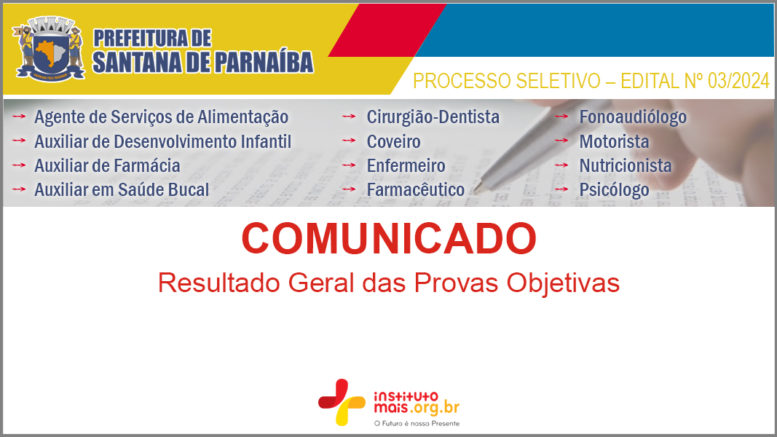 Processo Seletivo 03/2024 da Prefeitura de Santana de Parnaíba / Realização: Instituto Mais / Imagem: Divulgação