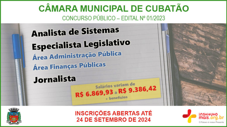 Concurso Público 01/2023 da Câmara de Cubatão / Realização: Instituto Mais / Imagem: Divulgação