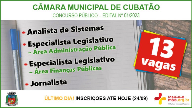 Concurso Público 01/2023 da Câmara de Cubatão / Realização: Instituto Mais / Imagem: Divulgação