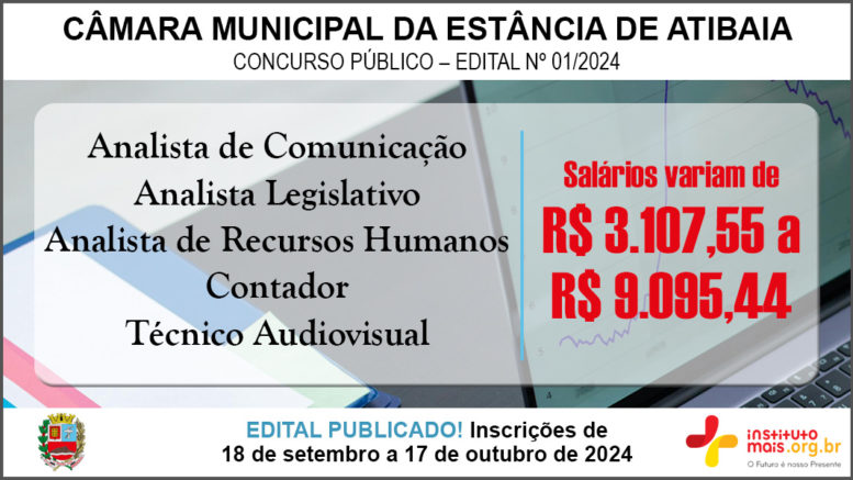 Concurso Público 01/2024 da Câmara de Atibaia / Realização: Instituto Mais / Imagem: Divulgação