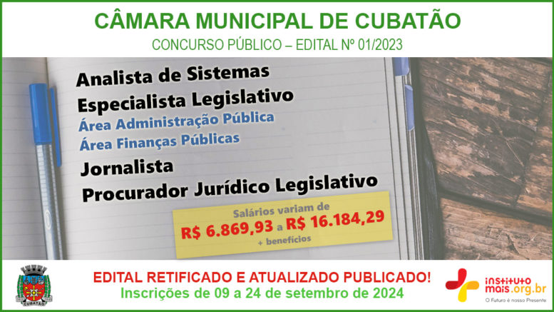 Concurso Público 01/2023 da Câmara de Cubatão / Realização: Instituto Mais / Imagem: Divulgação