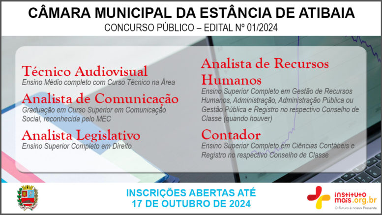 Concurso Público 01/2024 da Câmara de Atibaia / Realização: Instituto Mais / Imagem: Divulgação