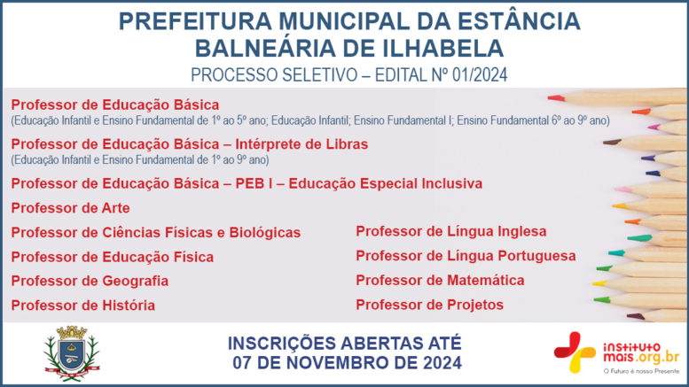 Processo Seletivo 01/2024 da Prefeitura de Ilhabela / Realização: Instituto Mais / Imagem: Divulgação