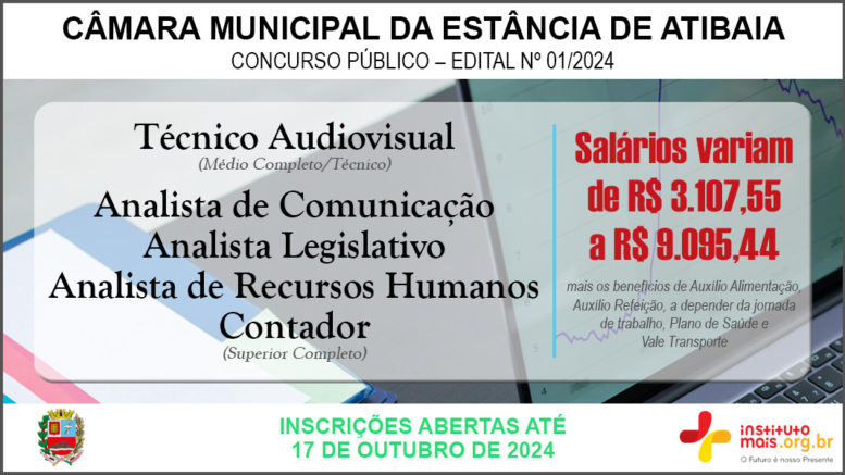 Concurso Público 01/2024 da Câmara de Atibaia / Realização: Instituto Mais / Imagem: Divulgação