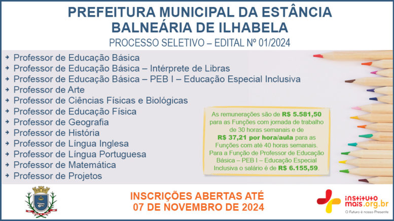 Processo Seletivo 01/2024 da Prefeitura de Ilhabela / Realização: Instituto Mais / Imagem: Divulgação