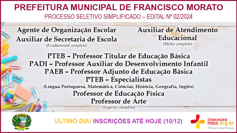 Processo Seletivo Simplificado 02/2024 da Prefeitura de Francisco Morato / Realização: Instituto Mais / Imagem: Divulgação