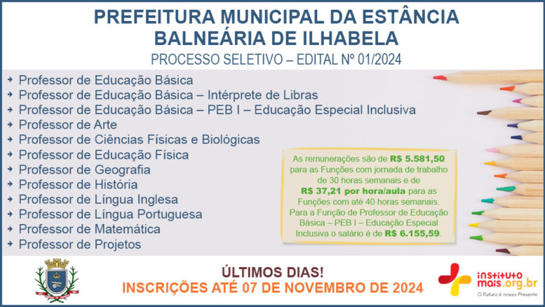 Processo Seletivo 01/2024 da Prefeitura de Ilhabela / Realização: Instituto Mais / Imagem: Divulgação