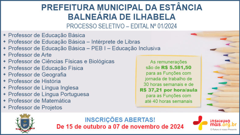 Processo Seletivo 01/2024 da Prefeitura de Ilhabela / Realização: Instituto Mais / Imagem: Divulgação