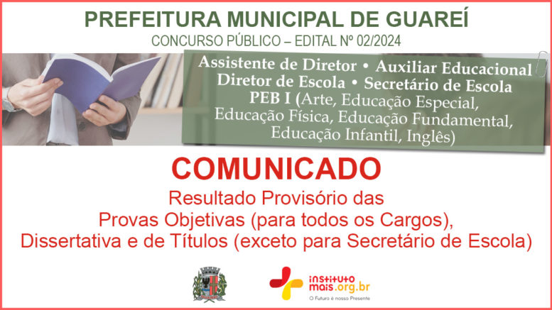 Concurso Público 02/2024 da Prefeitura de Guareí / Realização: Instituto Mais / Imagem: Divulgação