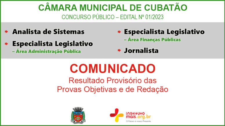 Concurso Público 01/2023 da Câmara de Cubatão / Realização: Instituto Mais / Imagem: Divulgação