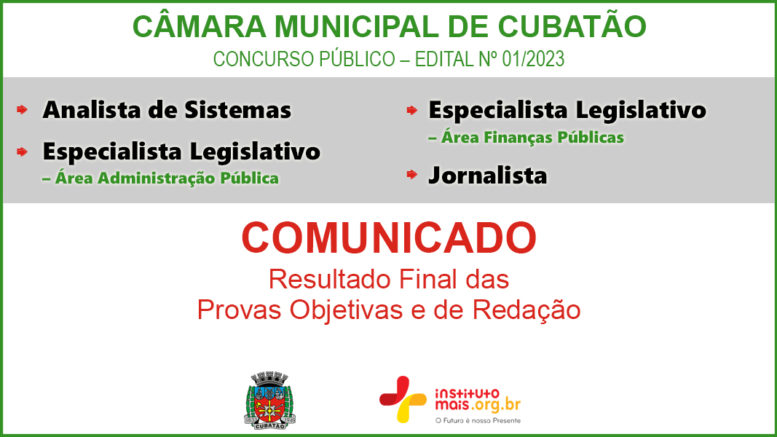 Concurso Público 01/2023 da Câmara de Cubatão / Realização: Instituto Mais / Imagem: Divulgação