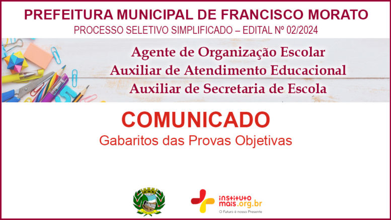 Processo Seletivo Simplificado 02/2024 da Prefeitura de Francisco Morato / Realização: Instituto Mais / Imagem: Divulgação